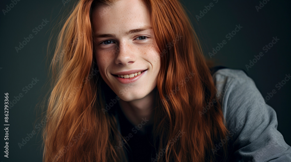 Fototapeta premium Portrait of a happy smiling red-haired, long haired confident teenage guy with perfect skin, silver background, banner.