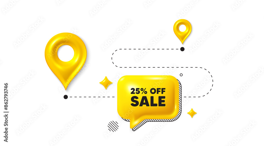 Road journey position 3d pin. Sale 25 percent off discount. Promotion price offer sign. Retail badge symbol. Sale message. Chat speech bubble, place banner. Yellow text box. Vector Road journey position 3d pin. Sale 25 percent off discount. Promotion price offer sign. Retail badge symbol. Sale message. Chat speech bubble, place banner. Yellow text box. Vector