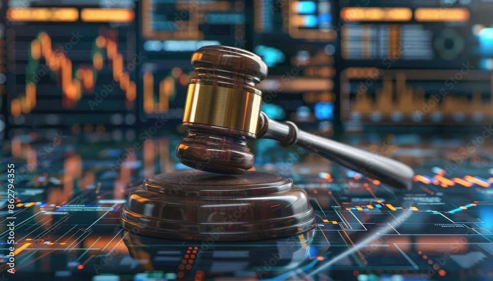 Wooden gavel on digital financial data background, symbolizing legal decisions in financial markets. Business and technology concepts intersect. Wooden gavel on digital financial data background, symbolizing legal decisions in financial markets. Business and technology concepts intersect.