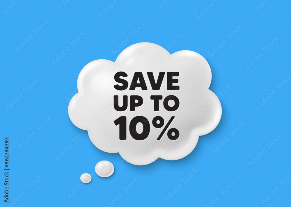 Save up to 10 percent. Comic speech bubble 3d icon. Discount Sale offer price sign. Special offer symbol. Discount chat offer. Speech bubble comic banner. Discount balloon. Vector Save up to 10 percent. Comic speech bubble 3d icon. Discount Sale offer price sign. Special offer symbol. Discount chat offer. Speech bubble comic banner. Discount balloon. Vector