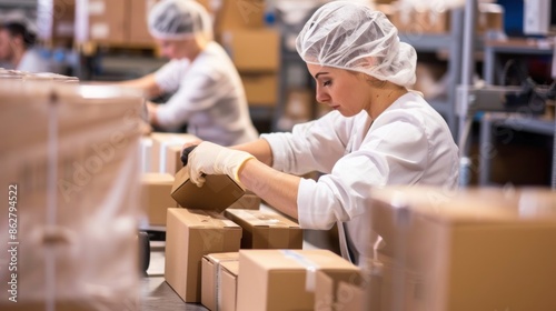 Workers assembling and sealing cardboard boxes in a sterile and controlled environment, ensuring product integrity and safety ,