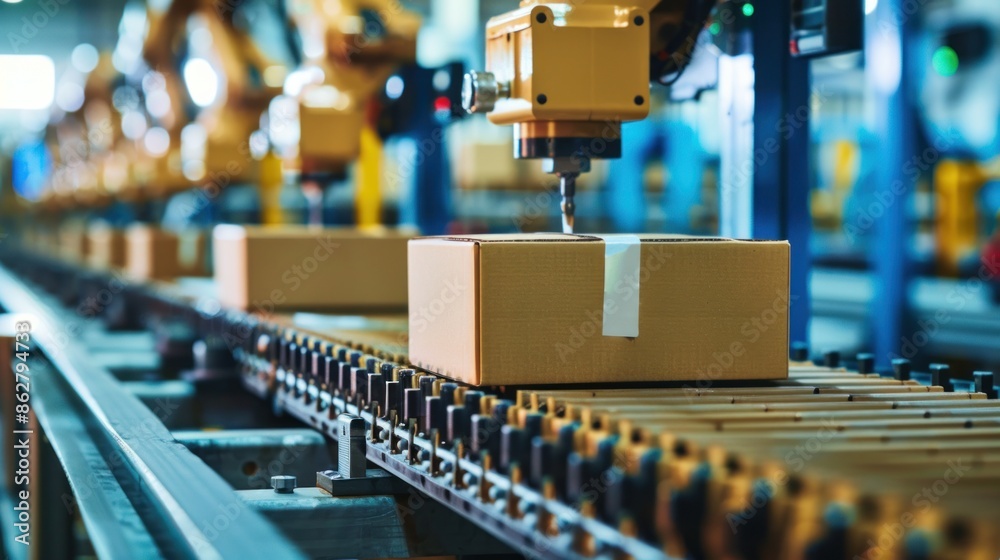 Obraz premium Close-up of cardboard packaging equipment in action, highlighting the technology and automation involved in the production of boxes ,