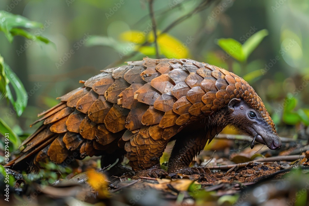 A pangolin walking across a forest floor, its body covered in hard, overlapping scales and its long tongue extended to catch ants A pangolin walking across a forest floor, its body covered in hard, overlapping scales and its long tongue extended to catch ants