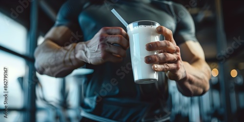 Man makes protein shake before workout. Concept Fitness, Nutrition, Exercise Prep, Protein Shake Recipe, Healthy Lifestyle