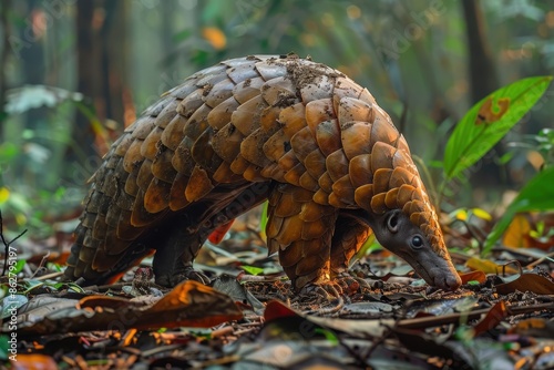 A pangolin walking across a forest floor, its body covered in hard, overlapping scales and its long tongue extended to catch ants © Nico
