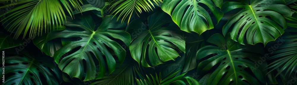 Fototapeta premium Dense green tropical palm leaves creating a lush pattern