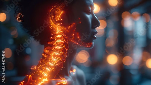 Spinal health visualization Man experiencing herniated disc glowing depiction of spine emphasizing complex structure and vulnerability of spinal region to injuries and strain