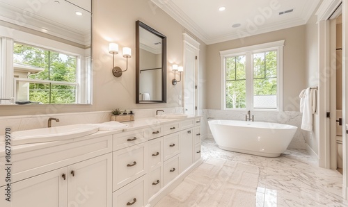 Elegant bathroom with an empty frame above the vanity