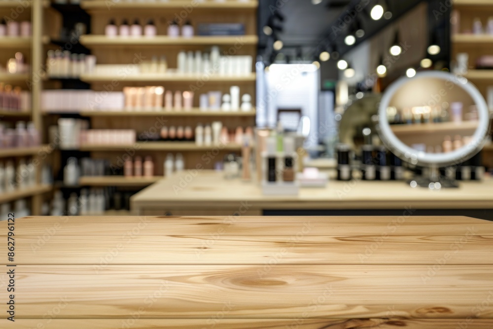 A wooden display table in the foreground with a blurred background of a cosmetic store. The background features shelves with makeup products, and skincare items A wooden display table in the foreground with a blurred background of a cosmetic store. The background features shelves with makeup products, and skincare items