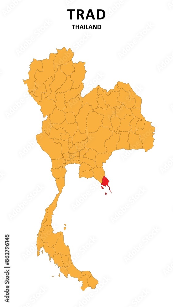 Obraz premium Trad Map is highlighted on the Thailand map with detailed State and region outlines.
