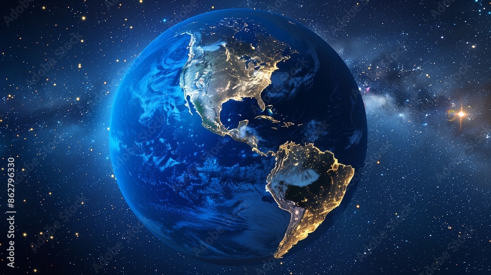 Satellite view of Earth globe from space, city lights by night, america ...