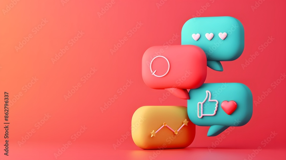 Colorful social media icons in 3D speech bubbles against a vibrant gradient background. Colorful social media icons in 3D speech bubbles against a vibrant gradient background.
