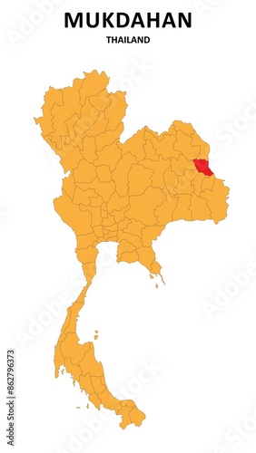 Mukdahan Map is highlighted on the Thailand map with detailed State and region outlines. photo