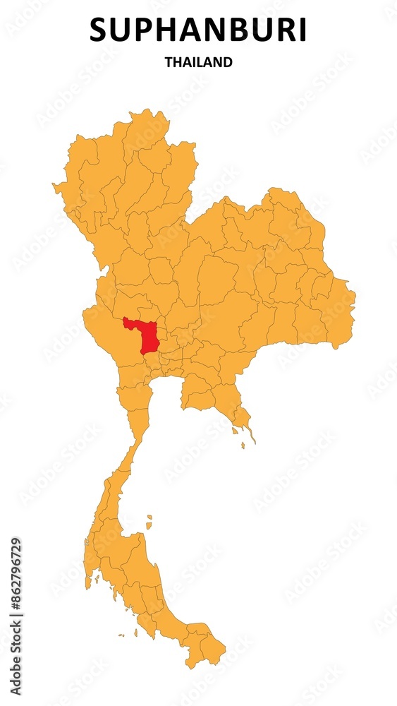 Fototapeta premium Suphanburi Map is highlighted on the Thailand map with detailed State and region outlines.