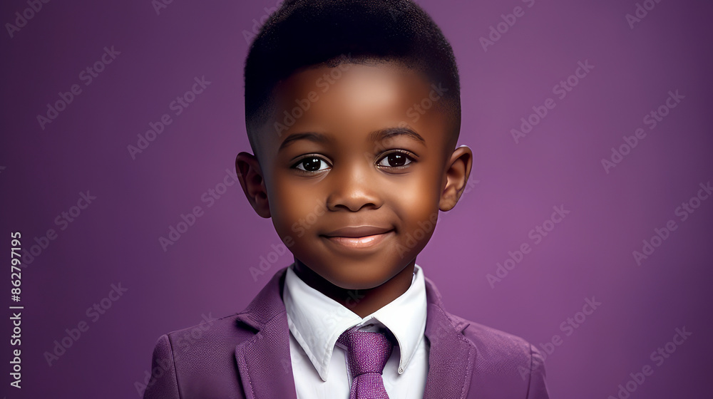 Portrait of a happy serious, gloomy, not cheerful Afro-American boy child with perfect skin, purple background, banner. Portrait of a happy serious, gloomy, not cheerful Afro-American boy child with perfect skin, purple background, banner.