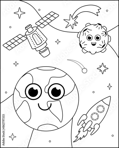 Coloring page. Earth, Moon, satellite, rocket. Black and white space. Vector