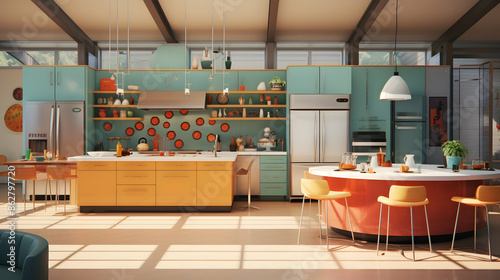 A mid-century modern kitchen with clean lines, organic shapes, and retro-inspired furnishings, providing a sophisticated