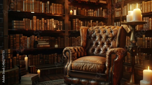 High-quality image of a classic library scene with a cozy leather armchair and warm candlelight glow in the background.