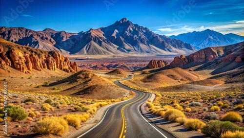 A winding road stretches endlessly through the remote desert