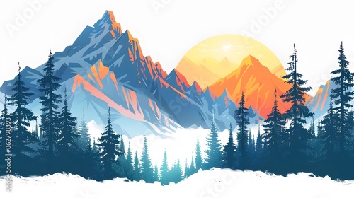 Adventure at the mountain graphic artwork . Mountain with tree retro vintage 