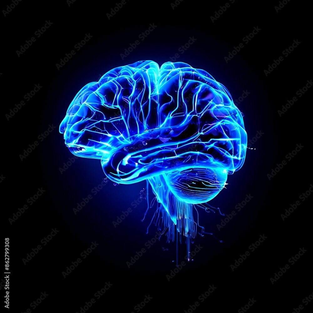 A glowing blue digital rendering of a human brain against a black background, showcasing neural pathways and network connections.concept of a human brain full with creativity A glowing blue digital rendering of a human brain against a black background, showcasing neural pathways and network connections.concept of a human brain full with creativity