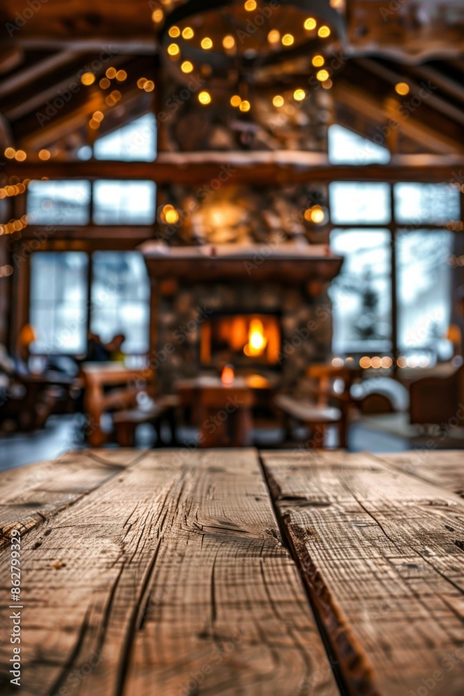 custom made wallpaper toronto digitalA wooden table in the foreground with a blurred background of a ski lodge. The background includes cozy seating by a fireplace, ski gear, windows with views of snowy slopes.