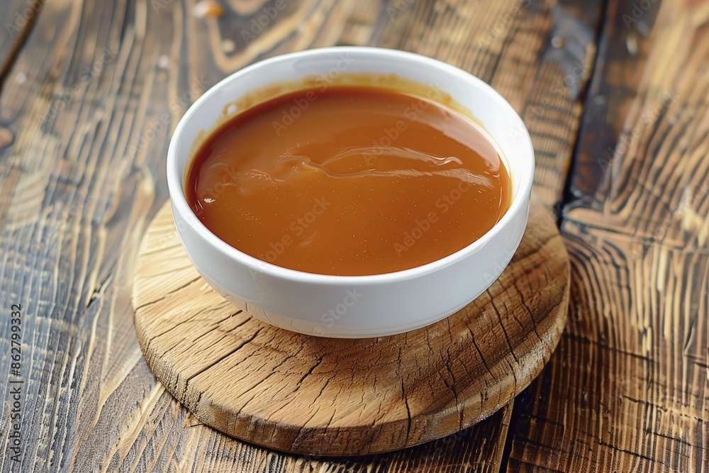 Creamy caramel sauce in a white bowl, positioned on a simple wooden board to highlight its rich and decadent texture Creamy caramel sauce in a white bowl, positioned on a simple wooden board to highlight its rich and decadent texture