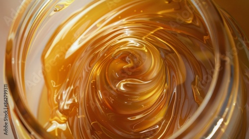 Delicious caramel swirl inside a clear glass jar, with the smooth texture and golden color emphasized against a neutral background