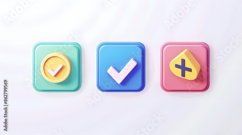 Label set with percent, check mark and discount. App icon. 3D Web Vector Illustrations. White background
