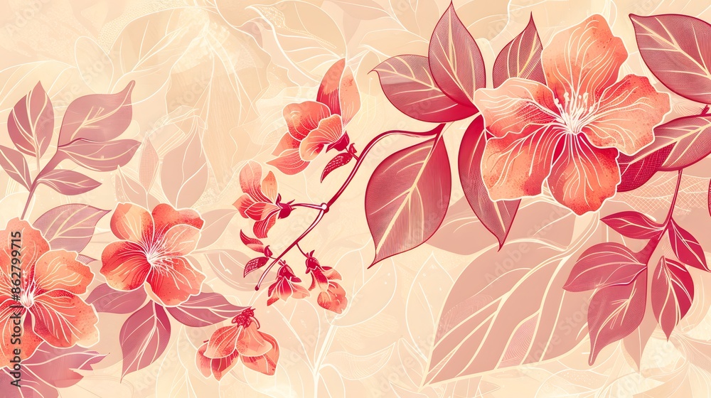 Elegant abstract illustration, leaves, birds
