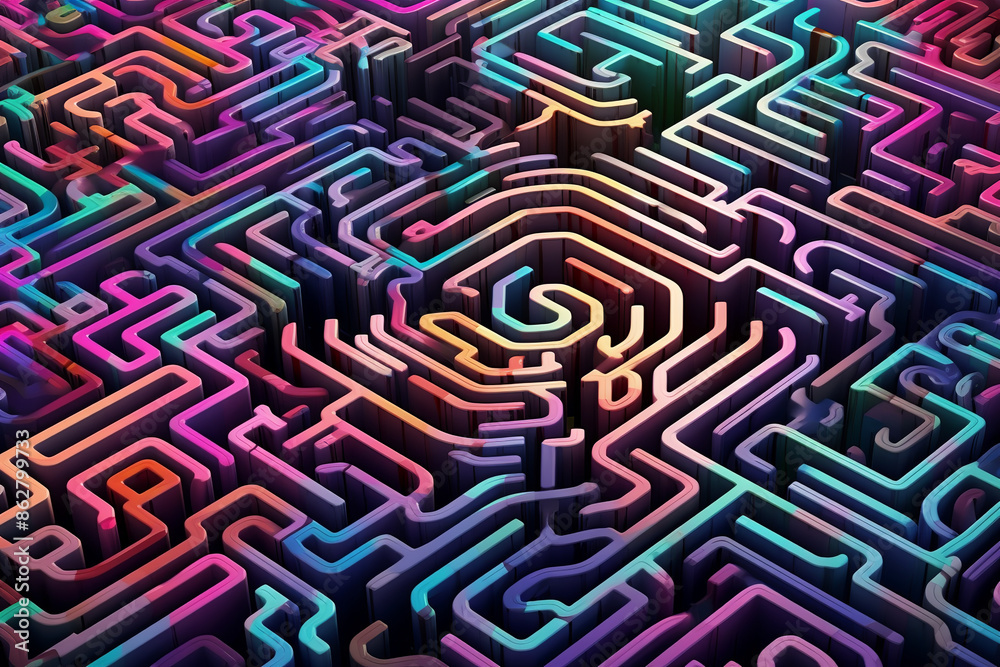 Colorful labyrinth made of wood, the walls and floor form an intricate pattern, rainbow, pink, orange, purple, blue Colorful labyrinth made of wood, the walls and floor form an intricate pattern, rainbow, pink, orange, purple, blue