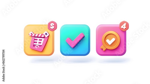 Label set with percent, check mark and discount. App icon. 3D Web Vector Illustrations. White background