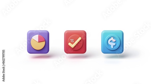 Label set with percent, check mark and discount. App icon. 3D Web Vector Illustrations. White background