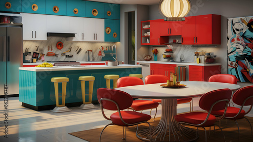 A pop art-inspired kitchen adorned with vibrant colors, bold patterns, and retro furnishings, providing an energetic backdrop for
