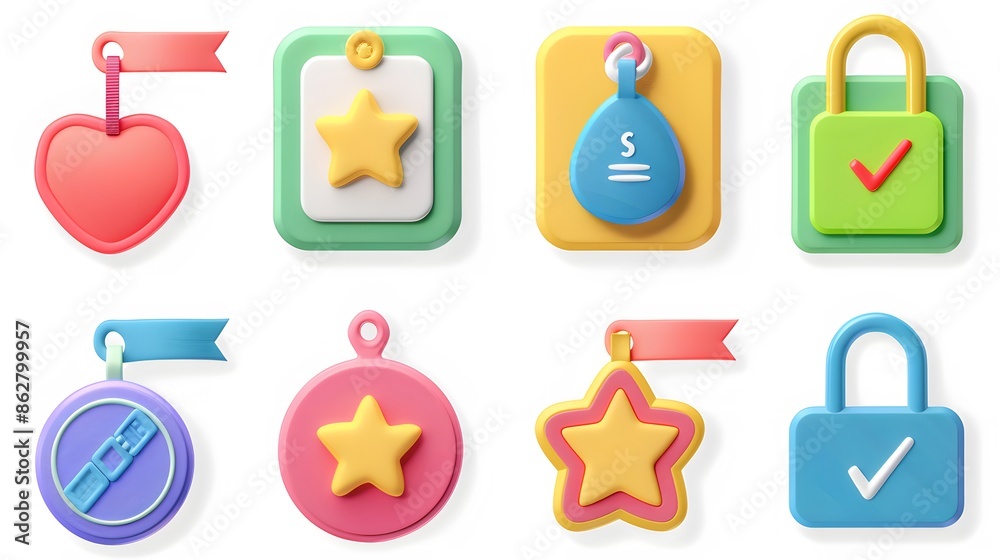 Label set with percent, check mark and discount. App icon. 3D Web Vector Illustrations. White background Label set with percent, check mark and discount. App icon. 3D Web Vector Illustrations. White background