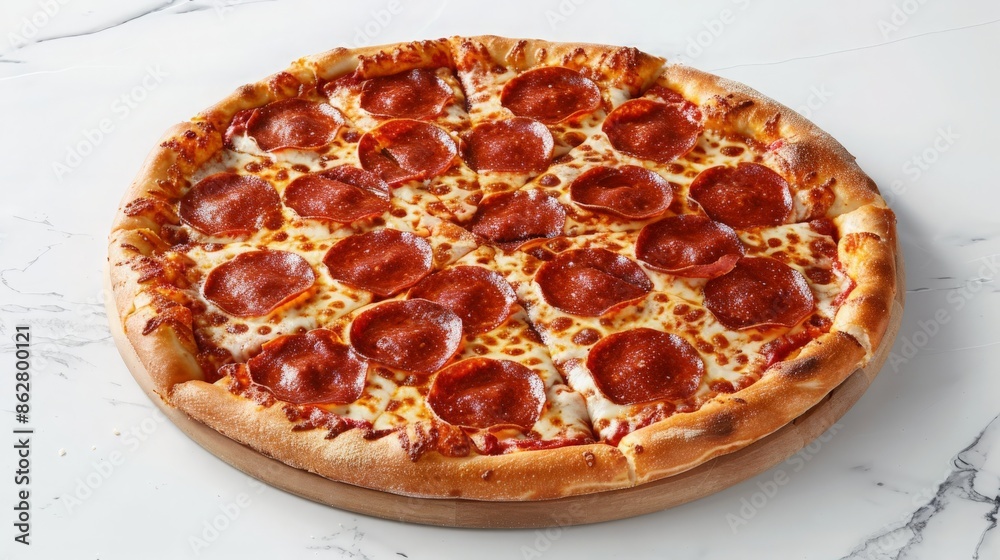 Pepperoni pizza with a crispy crust and generous slices of pepperoni, oozing melted cheese, set on a marble countertop with a simple white background Pepperoni pizza with a crispy crust and generous slices of pepperoni, oozing melted cheese, set on a marble countertop with a simple white background