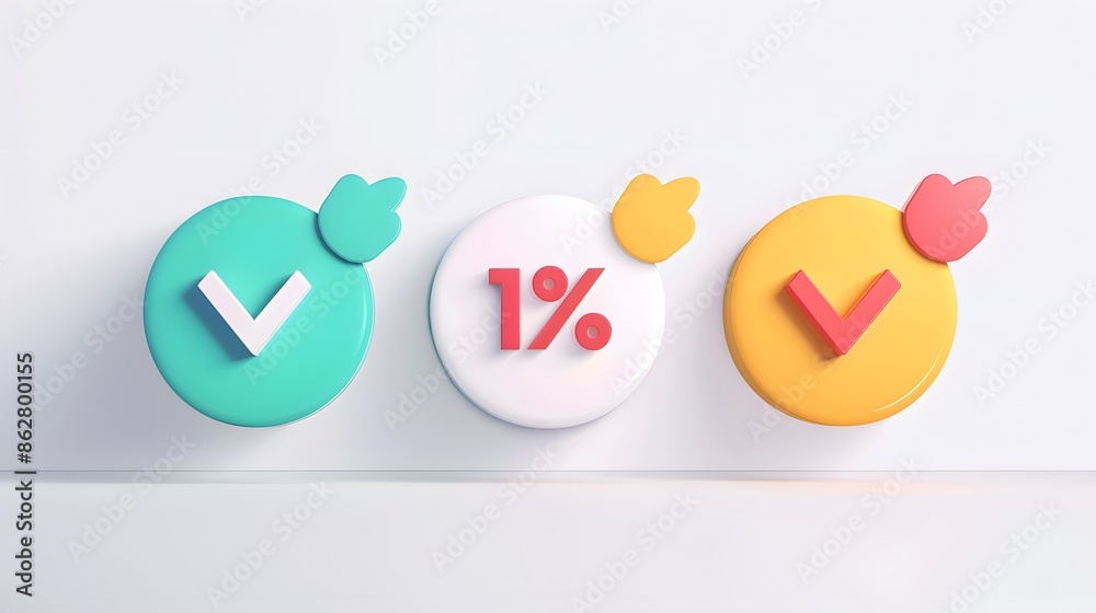 Label set with percent, check mark and discount. App icon. 3D Web Vector Illustrations. White background Label set with percent, check mark and discount. App icon. 3D Web Vector Illustrations. White background