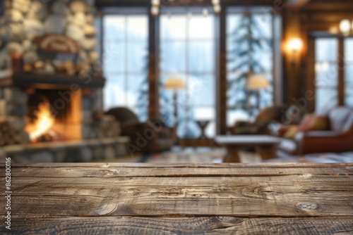 A wooden table in the foreground with a blurred background of a ski lodge. The background includes cozy seating by a fireplace, ski gear, windows with views of snowy slopes.