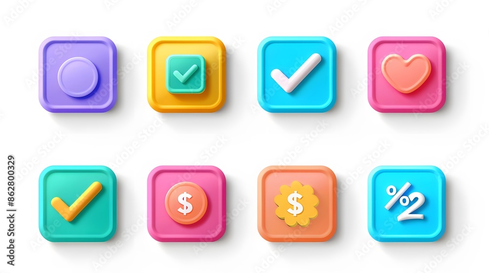 Label set with percent, check mark and discount. App icon. 3D Web Vector Illustrations. White background Label set with percent, check mark and discount. App icon. 3D Web Vector Illustrations. White background