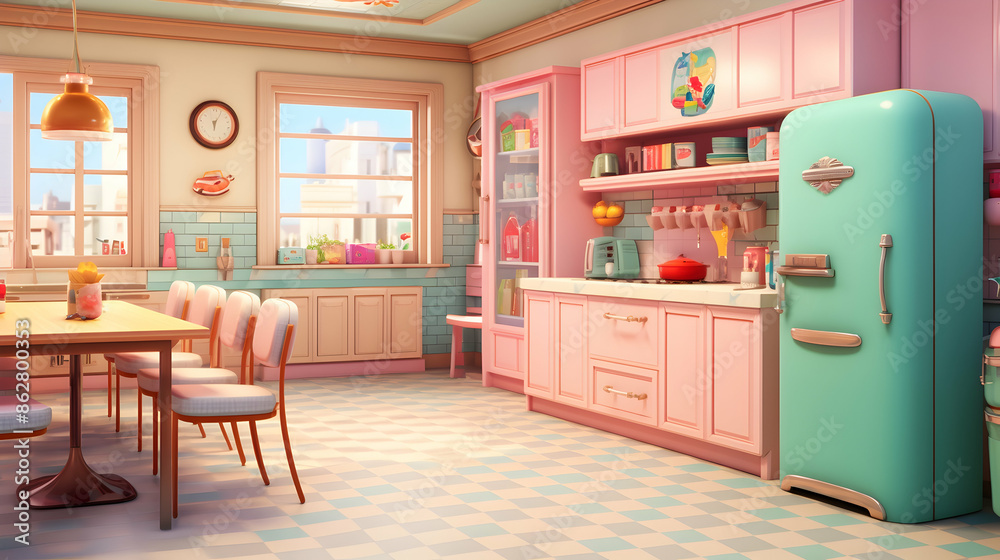 Fototapeta premium A retro-themed kitchen featuring vintage appliances, checkered flooring, and bright pastel hues