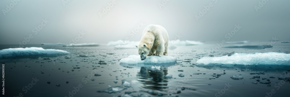 Polar bear trying to stand still on a small ice piece melting due to ...