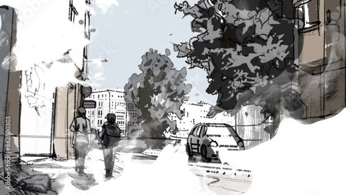 Calm Street Scene, 4k Ink Splash Animation. A Calm Street Scene, European cityscape, people walking on the footpath, 4k Ink Splash Animation photo