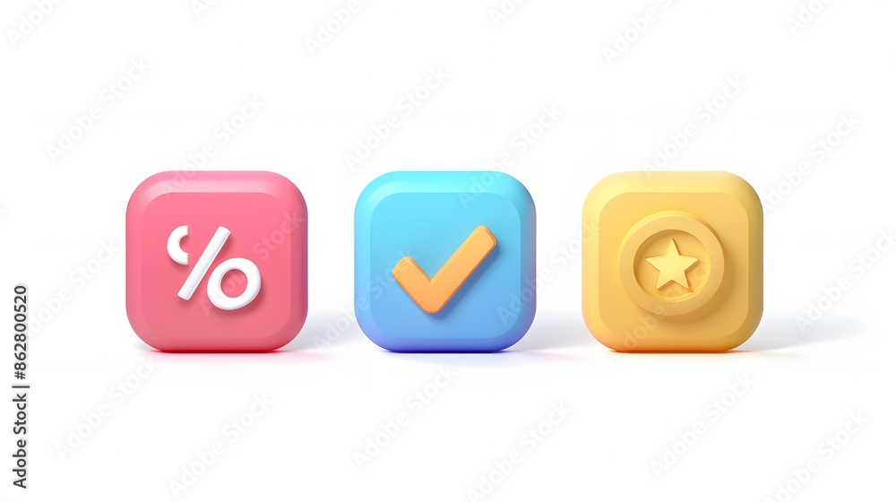 Label set with percent, check mark and discount. App icon. 3D Web Vector Illustrations. White background Label set with percent, check mark and discount. App icon. 3D Web Vector Illustrations. White background