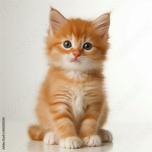 Cute orange kitten lying on white background, adorable kitten concept