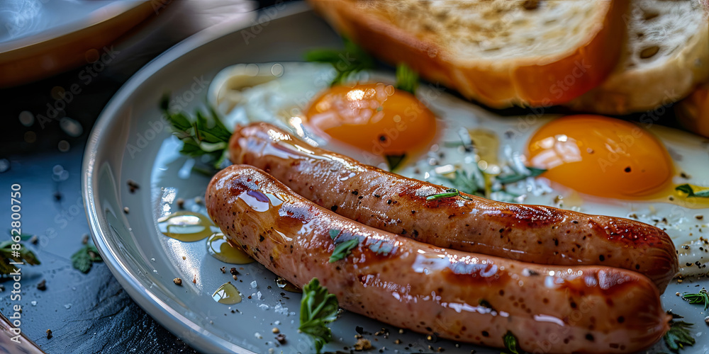 sausages, eggs and toast on the plate, a delicious breakfast, generative AI sausages, eggs and toast on the plate, a delicious breakfast, generative AI