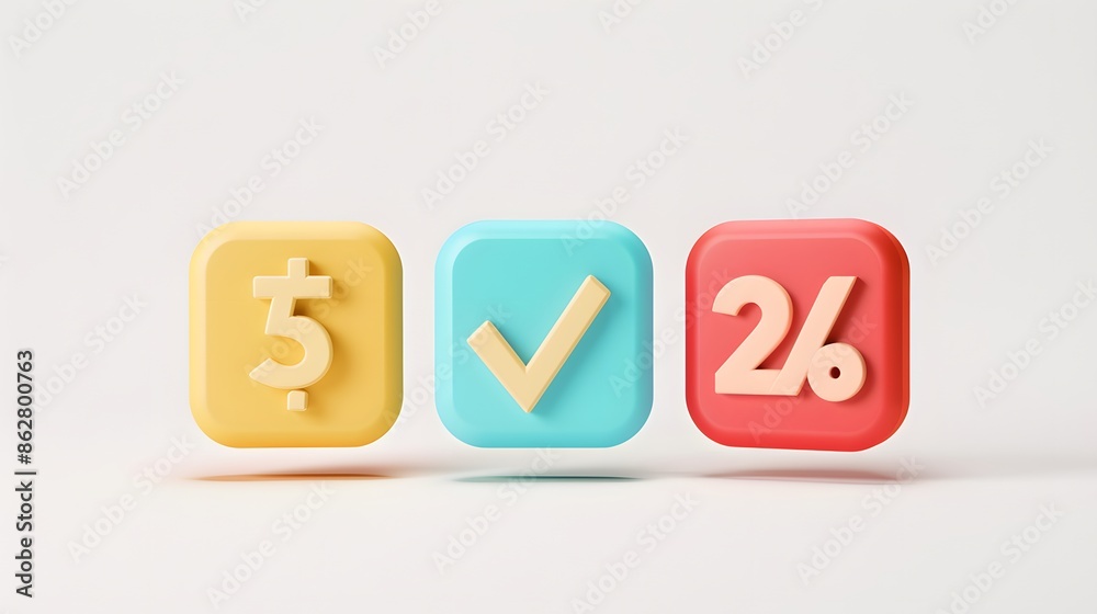 Label set with percent, check mark and discount. App icon. 3D Web Vector Illustrations. White background Label set with percent, check mark and discount. App icon. 3D Web Vector Illustrations. White background