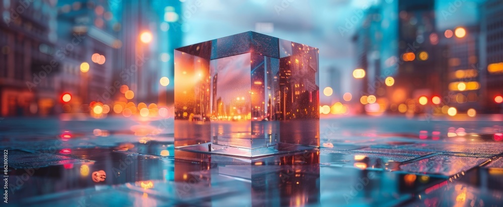 Fototapeta premium A vibrant urban scene featuring a transparent cube on a wet surface, with city lights reflecting on it.