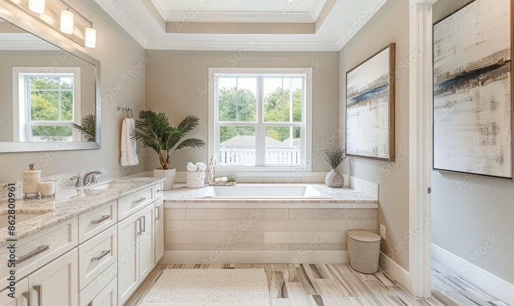 Serene bathroom with an empty frame above the vanity Serene bathroom with an empty frame above the vanity