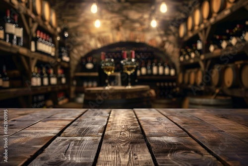 A wooden tasting table in the foreground with a blurred background of a wine cellar. The background includes rows of wine racks and barrels.