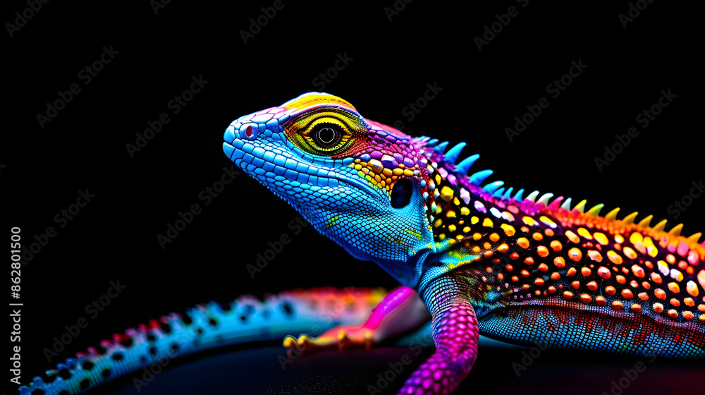 Fototapeta premium A colorful neon lizard isolated on a black background
